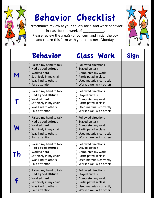 My Weekly Behavior Checklist For Students Social And Academic