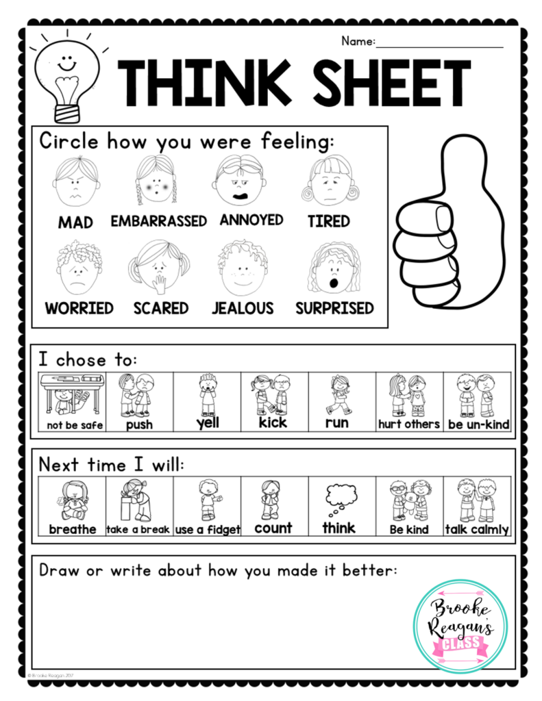Think Sheet To Use After Students Have Gotten Calm In A Calm Down Spot 